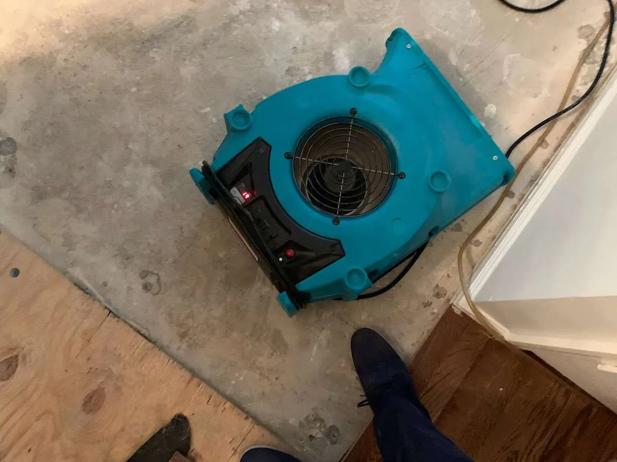 Air mover drying subfloor during Commercial Water Damage Restoration in Englewood